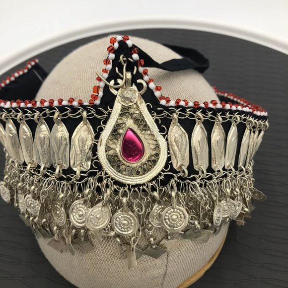 Afghan Ethnic Headpiece With Pink Glass Teardrop Centre, Turkmen Matha Patti main image 7
